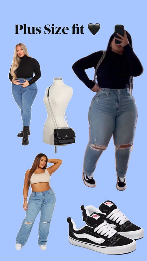 Vans skater shoes, light blue wash ripped knee jeans, black long sleeve turtleneck top, coach purse with silver chain Shoes Light Blue, Ripped Knee Jeans, Skater Shoes, Plus Size Outfit, Turtleneck Top, Trendy Plus Size Clothing, Long Sleeve Turtleneck, Coach Purse, Turtle Neck Top