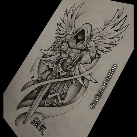 Angel Sketch Tattoo, Ark Angel Tattoo, Arch Angel Tattoo, Arch Angel Michael Tattoo, Phoenix Tattoo Sleeve, Forest Forearm Tattoo, Angel Warrior Tattoo, Guardian Angel Tattoo Designs, Angle Tattoo