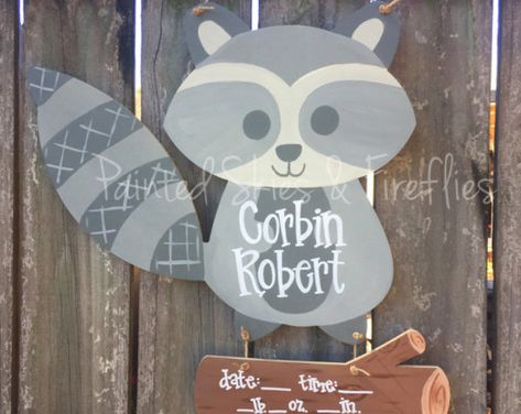 Hospital Door Hanger / raccoon / Woodland Theme / Birth Announcement / Wreath / Nursery / Decor / Baby Shower / Baby Boy / Baby Girl Baby Born Announcement Hospital, Baby Born Announcement, Wreath Nursery, Hospital Door Hanger, Hospital Door Hangers, Baby Door Hangers, Hospital Door, Baby Door, Baby Boy Nursery Decor