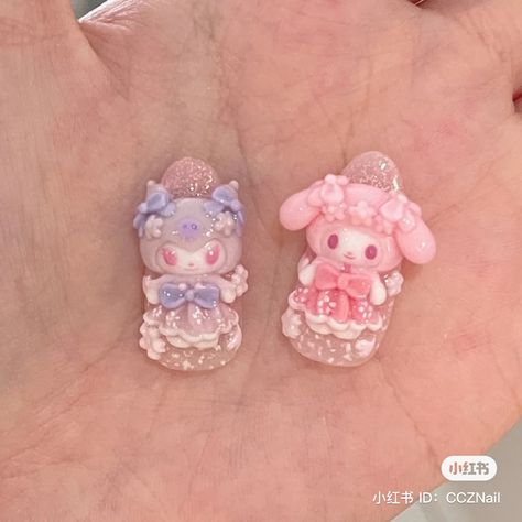 nails inspo, press on nails, my melody, kuromi, sanrio Sanrio Nails Kuromi, My Melody Nails Short, My Melody And Kuromi Nails, Sanrio Nails Short, Kuromi Nails Short, My Melody Nails, Nurse Nails, Fake Nails For Kids, Sanrio Nails