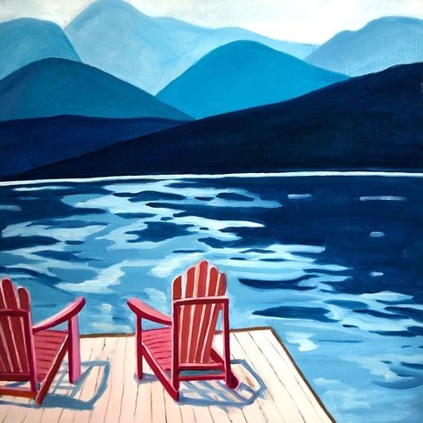 LAKE DOCK MOUNTAINS and CHAIRS Poster Print by Atelier B Art Studio-VARPDXBEGLAN141 Image 1 Lake House Painting, Chloe Art, Dock Art, Cottage Drawing, Lake Dock, Lake Painting, Lake Art, Lake Cottage, Painting Inspo