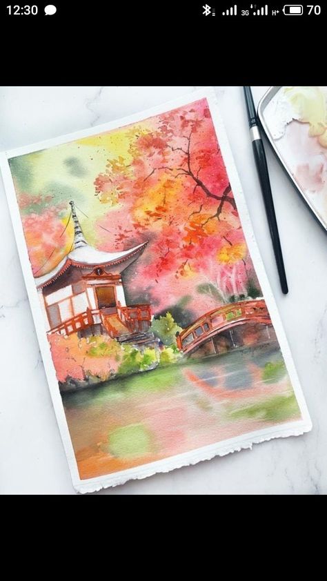 Landscape Paintings In Watercolour, Watercolor Scenery Nature, Natural Art Painting, Watercolor Art Ideas Landscape, Anime Painting Watercolor, Nature Painting Watercolor, Nature Art Painting Watercolour, Water Colour Art Inspiration, Watercolour Painting Landscape Nature