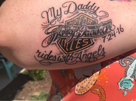 Harley Davidson tattoo Harley Davidson Tattoo, Rip Tattoos For Dad, Dad Daughter Tattoo, Dad Memorial Tattoo, Tattoos For Dad Memorial, Memorial Tattoo Designs, Harley Tattoos, Father Daughter Tattoos, Rip Tattoo