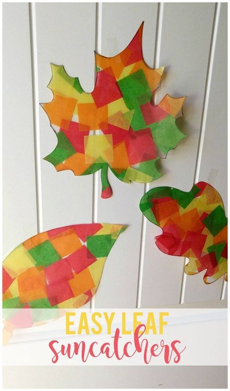 Easy leaf suncatchers made using contact paper and tissue paper is the perfect fall kids craft. November Crafts For Adults, Fall Suncatchers, Leaf Suncatchers, Contact Paper Crafts, Tissue Paper Craft, Summer Arts And Crafts, Paper Leaf, November Crafts, Tissue Paper Crafts