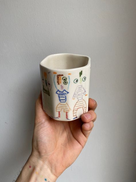 Ceramic Mug  Funny Dance, Handleless Mug, Handmade Ceramic Cher Mug, Handmade Ceramic Tumbler, Ceramic Mug Love Tea Mug Ceramic, Wedding Gift Ceramic, Slab Built Mug, Pottery Drawing, Ceramic Drawing, Holiday Pottery, Funny Dance, Ceramic Texture, Ceramic Products