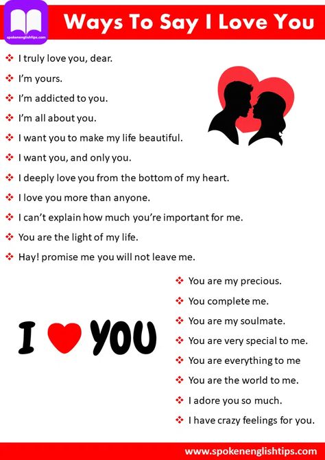 Ways To Say I Love You In English » SpokenEnglishTips.com Different Ways To Say I Love You Words, Creative Way To Say I Love You, Alternative Ways To Say I Love You, Other Way To Say I Love You, Love You In Different Ways, Ways To Say I Love You, Ways To Say I Love You Without Saying It, Ways To Say Sorry, Im Addicted To You