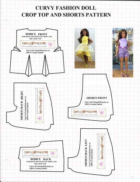 Image of 6-piece sewing pattern designed to fit curvy fashion dolls like the Curvy Barbie from the Fashionista line, Lammily, and Ideal's Tammy Dolls. Pattern includes an image of Curvy Barbie wearing a shorts and crop-top shirt, along with an image of Curvy Barbie wearing a flouncy high-low dress with no sleeves. Within some of the patterns is a watermark that reads, "Chelly Wood dot com: Free printable sewing patterns and tutorials." Free Printable Sewing Patterns, Free Barbie, Tammy Doll, Barbie Dress Pattern, Куклы American Girl, Sewing Barbie Clothes, Barbie Sewing Patterns, Barbie Doll Clothing Patterns, Diy Barbie Clothes