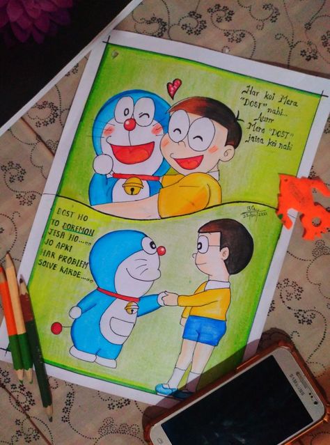 Cartoon Drawing Competition, Doremon And Friends Drawing, Doraemon And Nobita Drawing, Doremon Drawing Cute, Friendship Drawings Sketches, Doraemon Friends, Doraemon Drawing, Doraemon And Nobita, Cartoon Art Drawing