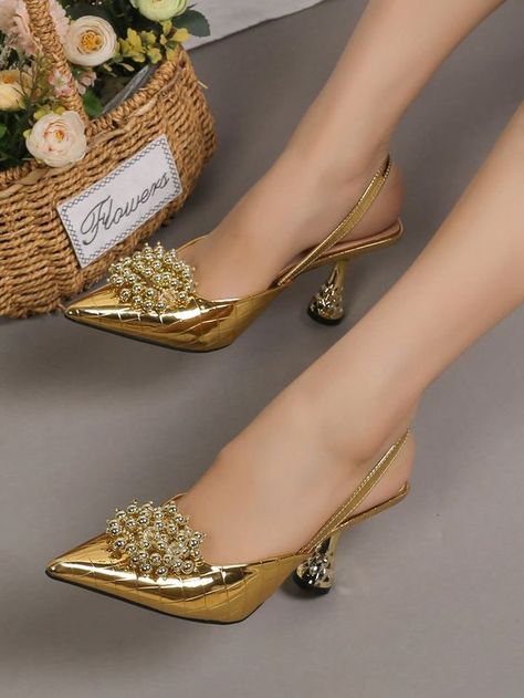 Gold Collar Embellished Women Shoes Gold Shoes Heels, Bead Decor, Gold Pumps, Ankle Strap Shoes, Low Heel Shoes, Gold Shoes, Peep Toe Sandals, Fabulous Shoes, High Heels Stilettos