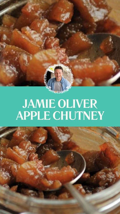 This Spicy Apple Chutney recipe by chef Jamie Oliver is truly the easiest apple chutney you can make. This apple chutney is made with apples, sultanas, raisins, malt vinegar, sugar, and a blend of spices including paprika, coriander, and mixed spice. Spiced Apple Chutney Recipe, Canned Chutney Recipes, Orange Chutney Recipes, Apple Onion Chutney, Apple Chutney Recipes, Olive Chutney, Easy Apple Chutney Recipe, Pumpkin Chutney, Apple Chutney Recipe