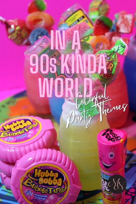 Vintage candy cocktails for our 90s party theme. Colorful and vibrant party decor. #90saesthetic #partycocktails #curatedcocktails #decorativedrinks 90s Theme Candy Table, 90s Themed Cocktails, 90s Cookout Theme Party, 90s Themed Party Ideas, 90’s Theme Birthday Party, 90s Candy Bar Party Ideas, 90s Theme Party Decorations For Adults, 90 Theme Party, African Y2k