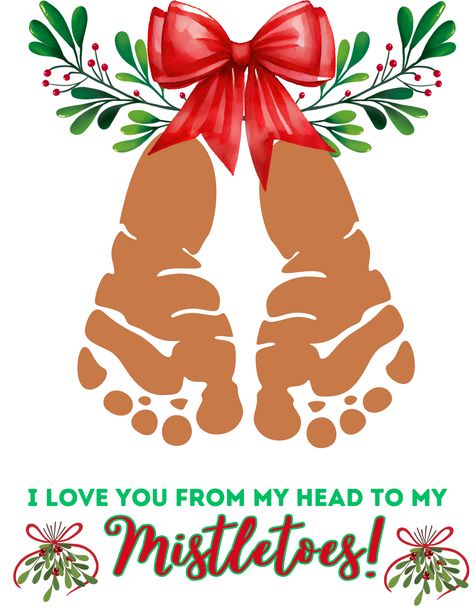 "Want to create a cute and treasured keepsake for the holidays that captures how small your baby's feet actually are? You'll love this fun Christmas Mistletoes Craft. Use this free printable and instructions to create a card or keepsake using baby's footprints for a memory keepsake that you will treasure always. Be sure to check out our other footprint and fingerprint crafts as well. Here is how to make this cute Christmas craft with your little one.   " Footprint Art Christmas, Mistletoes Footprint, Mistletoe Craft, Mistletoes Footprint Craft, Mistletoe Footprint, New Christmas Crafts, Kiss Me Under The Mistletoe, Baby Christmas Crafts, Christmas Handprint Crafts