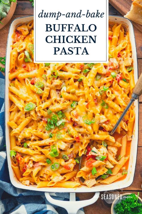 A cheesy buffalo chicken pasta bakes entirely in one dish! The zesty and flavorful dinner comes together with just 10-minutes of prep time, thanks to the convenient dump-and-bake method. Perfect for busy weeknights! Dump And Bake Buffalo Chicken Pasta, Dump Pasta Bake, Dump And Bake Recipes, Buffalo Chicken Pasta Bake, Chicken Noodle Bake, Chicken Orzo Pasta, Baked Chicken Parm, Cheesy Buffalo Chicken, Dump And Bake