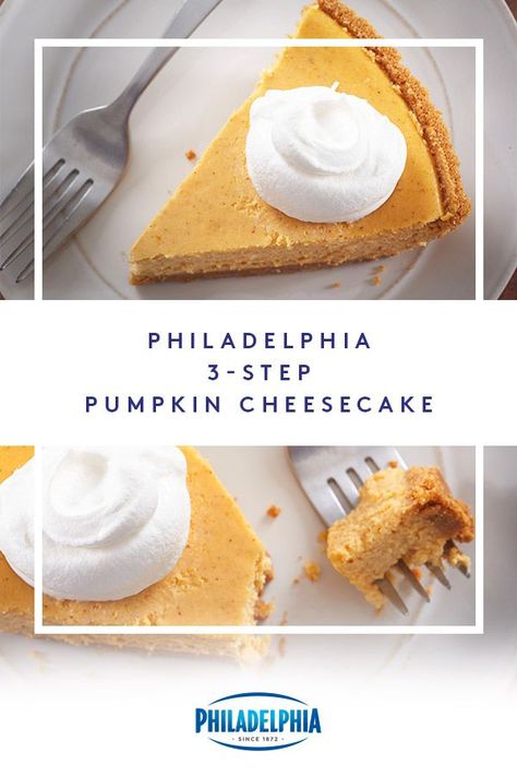 Making Pumpkin Cheesecake in 3 steps sounds like we’re making it up. But it’s true! All it takes is some mixing, pouring and baking with a few essential ingredients –PHILADEPHIA Cream Cheese, graham cracker crumb crust, pumpkin and cinnamon. #ItMustBeThePhilly Crumb Crust, Cheesecake Mix, Pumpkin Pie Cheesecake, Pumpkin Cheesecake Recipes, Pie Cheesecake, Pumpkin Desserts, Rican Food, Thanksgiving Food, Fall Dessert Recipes