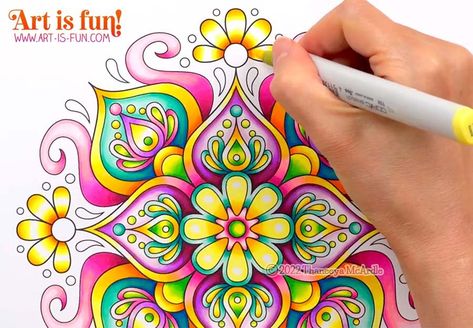 Learn easy alcohol marker techniques for creating eye-catching art! Follow along as I color in this luminescent mandala using alcohol markers What To Do With Alcohol Markers, Coloring Flowers With Markers, Coloring With Alcohol Markers, Alcohol Markers Techniques, Alcohol Marker Blending, Alcohol Markers Art Ideas, Marker Blending, Marker Techniques, Using Alcohol Markers