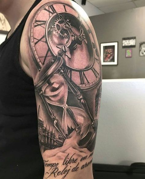 Upper Arm Tattoos For Guys, Tattoos Arm Mann, Time Piece Tattoo, Clock Tattoo Sleeve, Best Arm Tattoos, Voll Arm-tattoos, Tattoo Homme, Arm Tattoos For Men, Upper Arm Tattoo