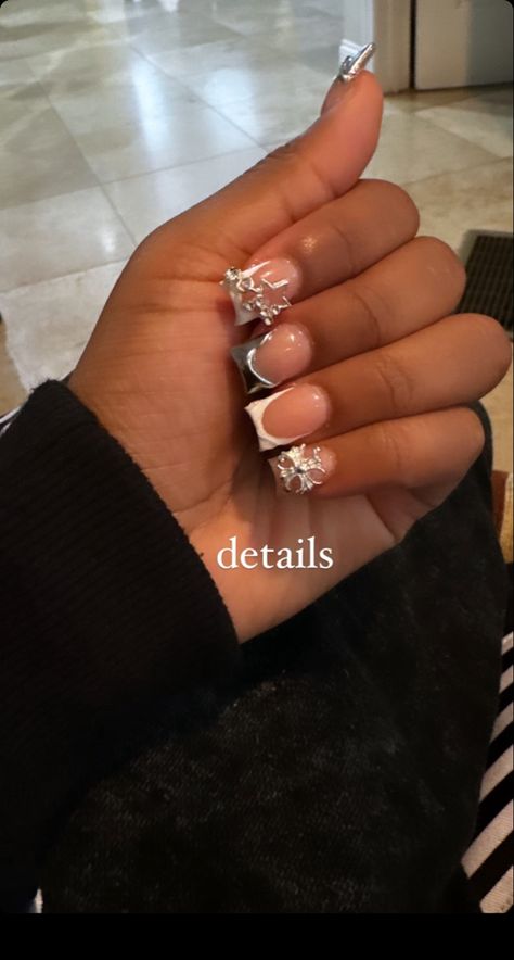 Short Chrome Duck Nails, White Junk Nails Short, Short Gems Nails, Nail Shop Nails, Short Junk Nail Designs Square, Plain Nails With Charms, Short Nail Sets Black Women, Silver Junk Nails, Dope Nail Designs Classy Short Acrylic