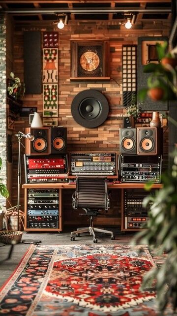 Premium Photo | Room Filled With Musical Equipment Generative AI Music Gaming Room, In House Studio Music, Mid Century Modern Music Studio, Vintage Recording Studio, Audiophile Aesthetic, Aesthetic Music Room, Basement Music Studio, Music Room Aesthetic, Music Studio Bedroom