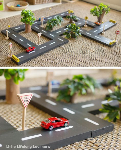 DIY Road Blocks - Little Lifelong Learners Road Blocks, Play Kitchens, Diy Kids Toys, Crafts For Boys, Toddler Play, Bob Haircuts, Wood Toys, Kids Playroom, Race Track