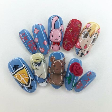 𝙹𝚊𝚙𝚊𝙶𝚎𝚕 𝙽𝚊𝚒𝚕𝚜 on Instagram: “I’ve rewatched #ouranhighschoolhostclub so many times, I can practically recite it now 😂 a custom 3D set for a lovely customer 🤗…” Pop Up Nails, Ouran Host Club Nails, Ohshc Nails, Ouran High School Host Club Nails, Saiki K Nails, Anime Nails Art, Anime Nail Art, Cartoon Nail Art, Dusty Yellow