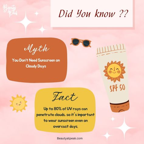 Think you know everything about sunscreen? ☀️ Time to bust some myths and reveal the facts! Swipe to get one more the truth about sun protection and keep your skin safe. 🧴✨ #sunscreen #myth #mythvsfact #sunprotection #sunscreeneveryday #skincare #skincaretips Safe Sunscreen, Wear Sunscreen, Cloudy Day, Spf 50, Uv Rays, Skin Care Tips, Get One, The Truth, Sun Protection