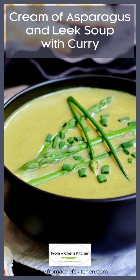 Cream of Asparagus and Leek Soup with Curry makes a beautiful starter for an elegant late spring dinner or as part of a light lunch. Asparagus Leek Soup, Soup With Curry, Cream Of Asparagus, Curry Soup Recipes, Leeks Soup Recipes, Cream Of Asparagus Soup, Creamed Asparagus, Asparagus Soup, Spring Dinner