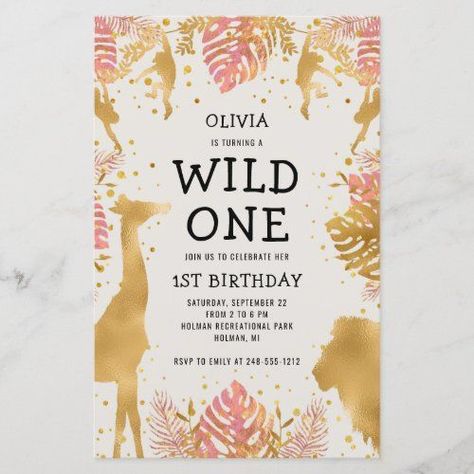 $1.42 | Budget Girls 1st Birthday Pink Ecru Safari Invite #junglesafari #wildone #liongiraffemonkeys #cute #modern #animal #budget #1stbirthdaypartyinvitation #kidsgirls #pinkgoldecru Safari Invitation, Pink Safari, Safari Invitations, 42nd Birthday, Two Wild, 1st Birthday Party Invitations, Safari Birthday Party, 2nd Birthday Invitations, Girl 2nd Birthday