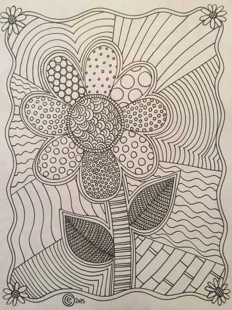 Zentangle inspired flower coloring page. Caryl Doodles Art Doodle Art Flowers Zentangle Patterns, Zentangle Patterns Flower, Flower Zentangle, Doodling Tutorial, Tangled Painting, Zentangle Flowers, Zen Doodle Patterns, Doodles Art, Therapeutic Art