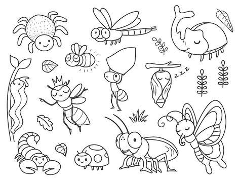 Cute Bug Doodles, How To Draw Insects, Name Paintings, Kids Homework, Coloring Sheets For Kids, Alphabet Activities, Color Pencil Drawing, Vector Hand