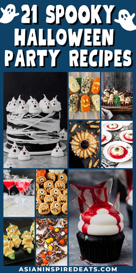 ghost cake, mummy poppers, bloody cupcakes, monster cookies, and smoking martinis are featured here Spooky Halloween Recipes, Halloween Party Recipes, Halloween Party Menu, Easy Halloween Recipes, Recipes Treats, Asian Fusion Recipes, Spooky Halloween Food, Healthy Asian Recipes, Easy Halloween Food