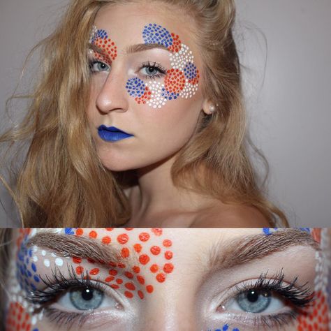 Red White And Blue Face Paint Dots, Patriotic Makeup Eye, Fireworks Makeup, Firework Makeup, Fourth Of July Makeup, Patriotic Makeup, Inspi Makeup, Holiday Eye Makeup, Blue Face Paint