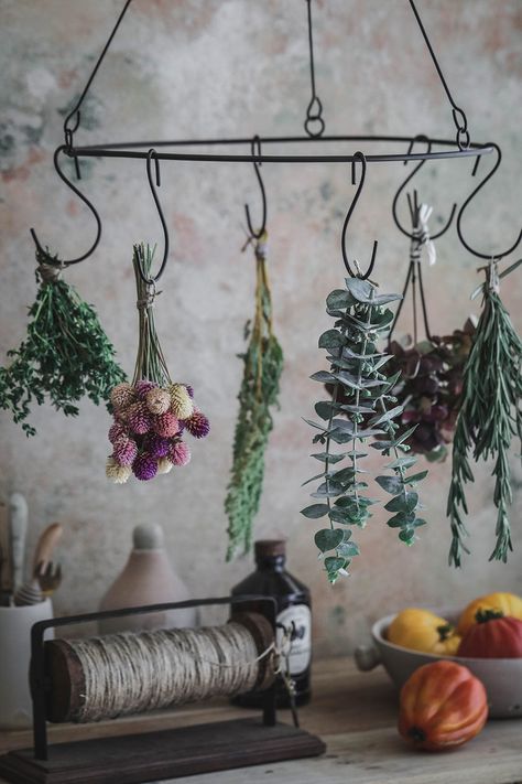 Herb Rack, Witchy Kitchen, Hanging Herbs, Brooms And Brushes, Ceramic Accessory, Kitchen Herbs, Kitchen Display, Healing Space, Candle Chandelier