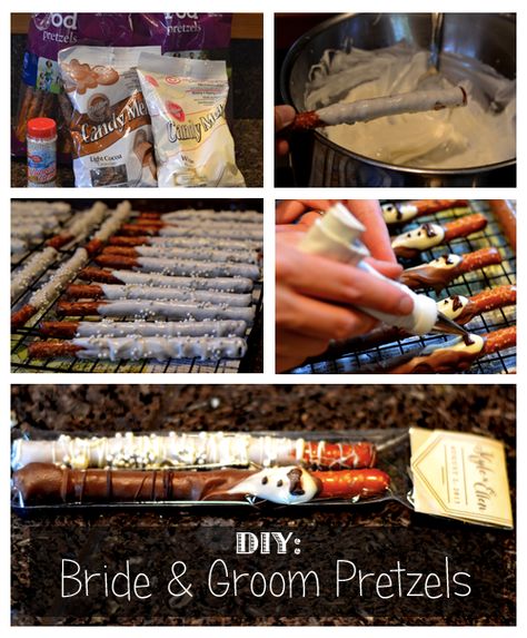 Instructions for bride and groom pretzels favors Bride And Groom Chocolate Pretzels, Bride And Groom Pretzel Rods, Pretzel Wedding, Wedding Shower Favors Diy, Pretzel Ideas, Wedding Pretzels, Pretzel Bar, Pretzel Bags, Hope For Tomorrow