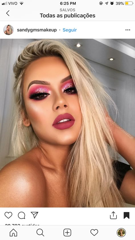 Pink And Red Makeup Looks, Make Up Fucsia, Pink Glitter Makeup, Skincare Favorites, Pink Eyeshadow Look, Pink Eye Makeup, Barbie Makeup, Valentines Day Makeup, Birthday Makeup