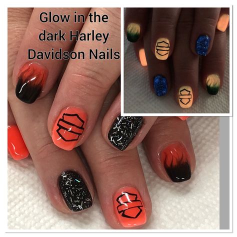 Glow in the dark Harley Davidson Flame Gel Nails Harley Davidson Nail Art, Sturgis Nail Design, Bike Nails Design, Motorcycle Nail Art, Harley Nails Designs, Harley Davidson Nails Ideas, Bike Week Nails, Motorcycle Nails Designs, Harley Davidson Nails Design