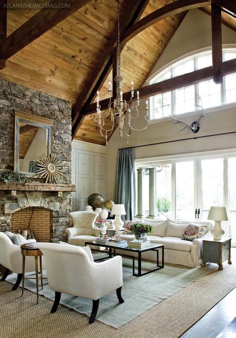 Vaulted, wood ceiling, stone fireplace, large windows - beautiful House Of Turquoise, Chic Home Decor, Boho Home, A Living Room, Stone Fireplace, Chic Home, Home Fashion, Vaulted Ceiling, A Fire