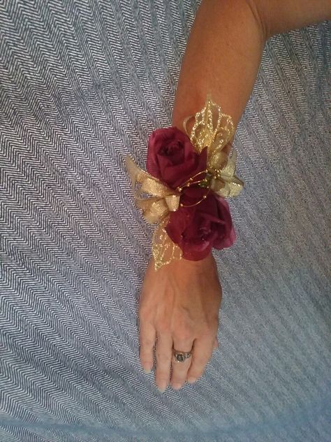 Burgundy and Gold Wrist Corsage #weddingflowers #burgundy #gold #corsage #etsyshops #handmadeatamazon #justimaginebyk.com Gold Corsage Prom, Marsala And Gold Wedding, Flowers At Wedding, Red Corsages, Gold Corsage, Prom Flowers Corsage, Wrist Corsage Bracelet, Prom Corsage And Boutonniere, Diy Corsage