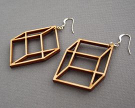 Picture Illusion Jewelry, Illusion Earrings, Cube Earrings, Wood Jewelery, Math Gift, Laser Cut Wood Earrings, Teal Earrings, Laser Cut Jewelry, Earrings Wood