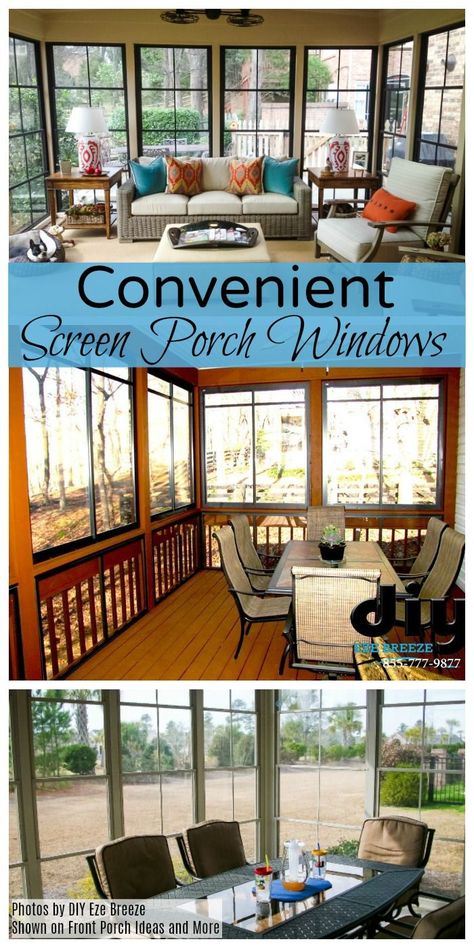 Adding porch windows (like these) to your screen porch cost a fraction of glass and let you enjoy your porch for months longer. Plus they help to keep your porch clean and more weather-proof too. Sure does beat taking storm windows in and out as the seasons change. Glassed In Porches, Screen Porch Kits, Retractable Screen Porch, Screened Room, Porch Pictures, Screened In Porch Diy, Glass Porch, Porch Kits, Porch Enclosures