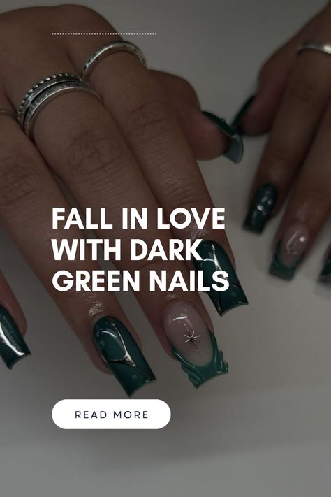 Explore exquisite dark green nail designs with this pin showcasing 15 stunning options for any occasion. Ideal for trendy manicures and chic nail ideas. Dark Green Nail Designs, Dark Green Nail, Emerald Nails, Latest Nail Designs, Dark Green Nails, Plain Nails, Green Nail Designs, Green Nail, Colorful Nail Designs