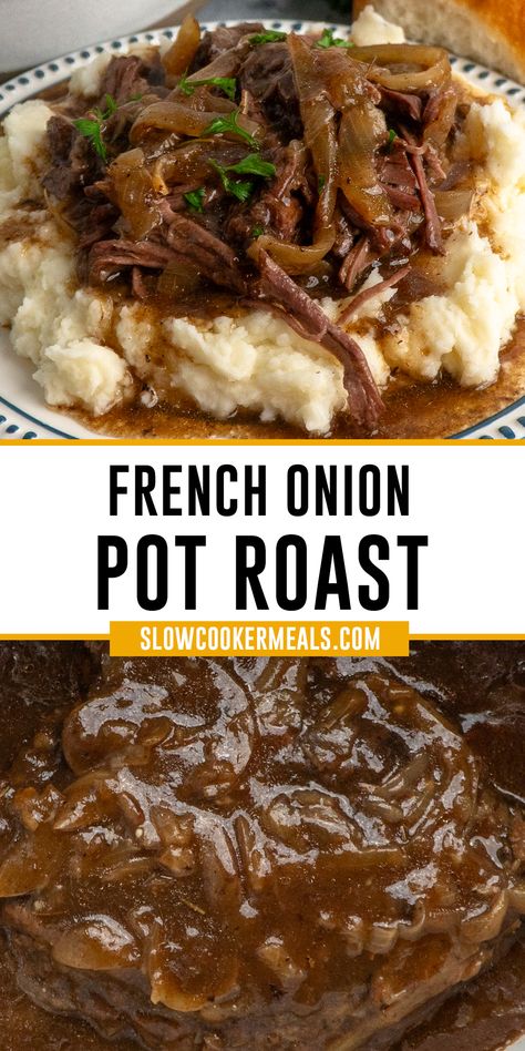 French onion pot roast over a plate of potatoes. Rump Roast Crock Pot Recipes, French Onion Pot Roast, Top Round Roast Recipe, Roast Beef Crock Pot Recipes, Crockpot Pot Roast, Crockpot Roast Recipes, Classic Roast, Chuck Roast Recipes, Pot Roast Crock Pot Recipes