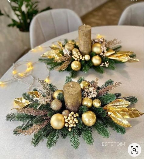 Gold Diy Centerpieces, Thanksgiving Table Settings Diy, Wooden Christmas Trees Diy, Christmas Flower Decorations, Christmas Decorations Centerpiece, Christmas Centers, Christmas Candle Decorations, Christmas Flower Arrangements, Christmas Floral Arrangements