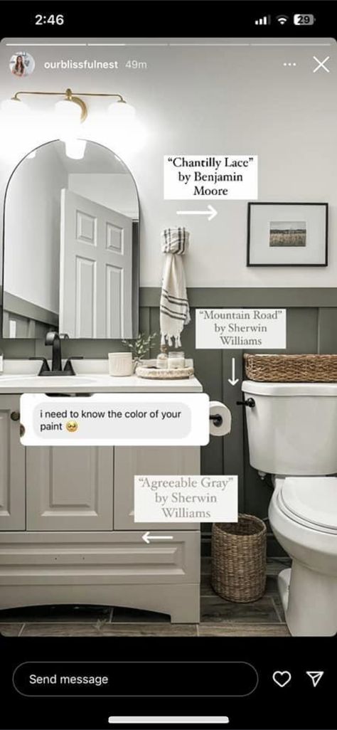 Sw Agreeable Gray Bathroom, Sherwin Williams Chantilly Lace, Greige Bathroom Cabinets, Greige Bathroom Vanity, Agreeable Gray Bathroom, Master Bath Paint Colors, Greige Bathroom, Agreeable Grey, Gray Bathroom Walls