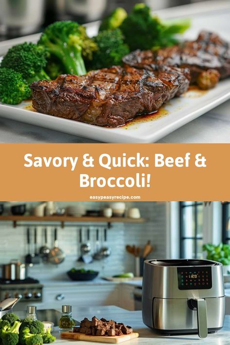 Air fryer-cooked beef and broccoli on a plate with a kitchen and air fryer in the background. Easy Airfryer, Air Fryer Beef, Beef And Broccoli Recipe, Veggie Kabobs, Easy Zucchini Recipes, Healthy Air Fryer, Pot Recipes Healthy, Easy Peasy Recipes, Beef And Broccoli