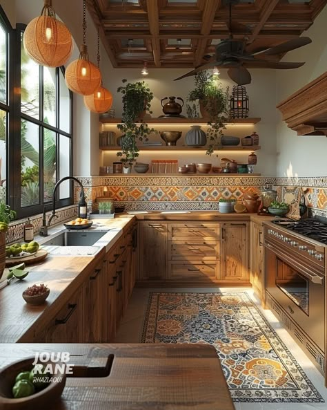 Kitchen With Moroccan Tile Backsplash, Marocco Kitchen Design, Home Decor Ideas Mediterranean, Orange Themed Kitchen, Moroccan Inspired Kitchen, Kitchen Design Mediterranean, Mediterranean Tiles Kitchen, Kitchen Design Mexican Style, Colorful Tile Kitchen