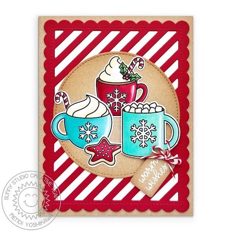 Sunny Studio Holiday Christmas Card (using Merry Mocha & Mug Hugs Stamps, Frilly Frames Stripes Dies, & Stitched Circle Dies) Sunnies Studios, Holiday Paper, Winter Cards, 9th Birthday, Pretty Cards, Stamp Crafts, Metal Crafts, Christmas Cards Handmade, Ink Pads