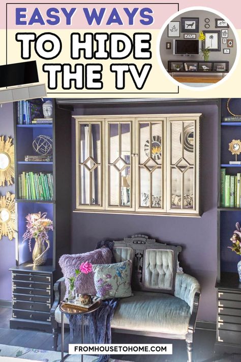 How To Hide The TV With Style How To Hide The Tv Living Rooms, How To Hide Tv, Tv Hiding Ideas, Hide Tv On Wall, Hide A Tv, Tv Cover Up, Tv Solutions, Diy Glam Decor, Easy Diy Home Projects