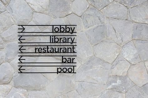 Arrow Signage, Stone Wall Background, Library Restaurant, Hotel Signage, Wayfinding Signage Design, Lobby Sign, Signage Signs, Directional Signage, Navigation Design