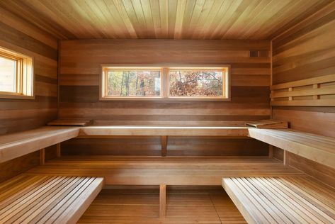 Three cheers for transom windows | Saunatimes Sauna Building, Luxury Pools Indoor, Sauna Lights, Building A Sauna, Rope Lighting, Wood Sauna, Private Resort, Indoor Sauna, Sauna Design