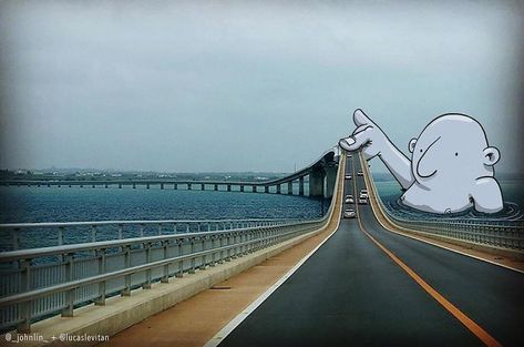 Artist Invades Instagram Photographs With Hilarious Illustrations (Part 4) Lucas Levitan, Bridge Drawing, Magazine Layout Inspiration, Art Emotions, Instagram Projects, Creepy Pictures, Multimedia Artist, Photography Illustration, Digital Art Illustration